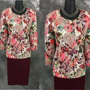 NWT NEW St John knit green red pink multi rhinestones jacket skirt suit M 10 12